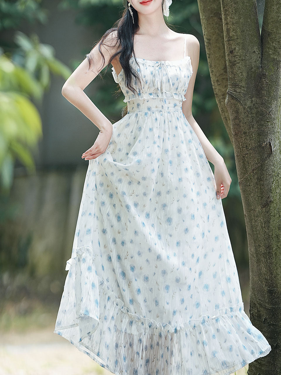 2PS Blue Floral Print Ruffles Spaghetti Strap Princess Dress