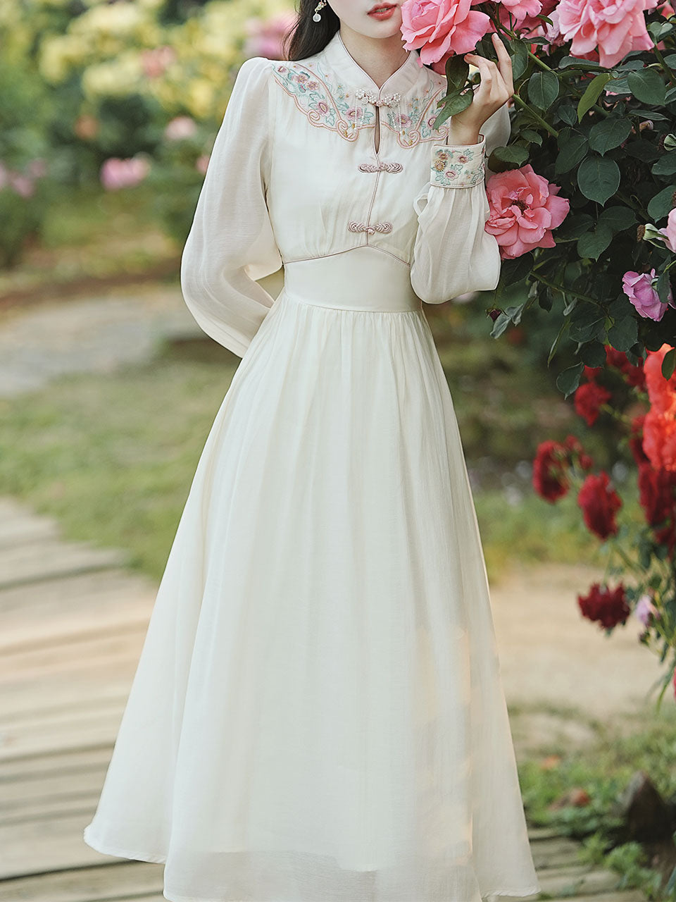 White Embroidered Long Sleeve Dress