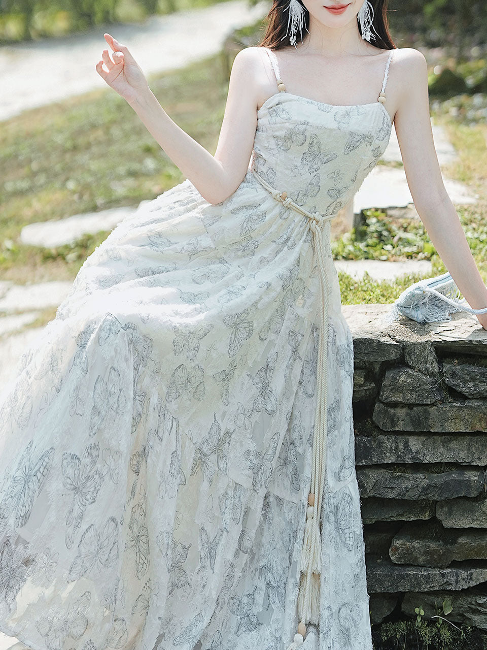 2PS White Butterfly Print Spaghetti Strap 1950S Vintage Dress