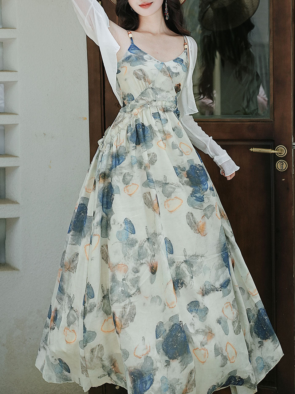 2PS Blue Floral Print Spaghetti Strap 1950S Vintage Dress