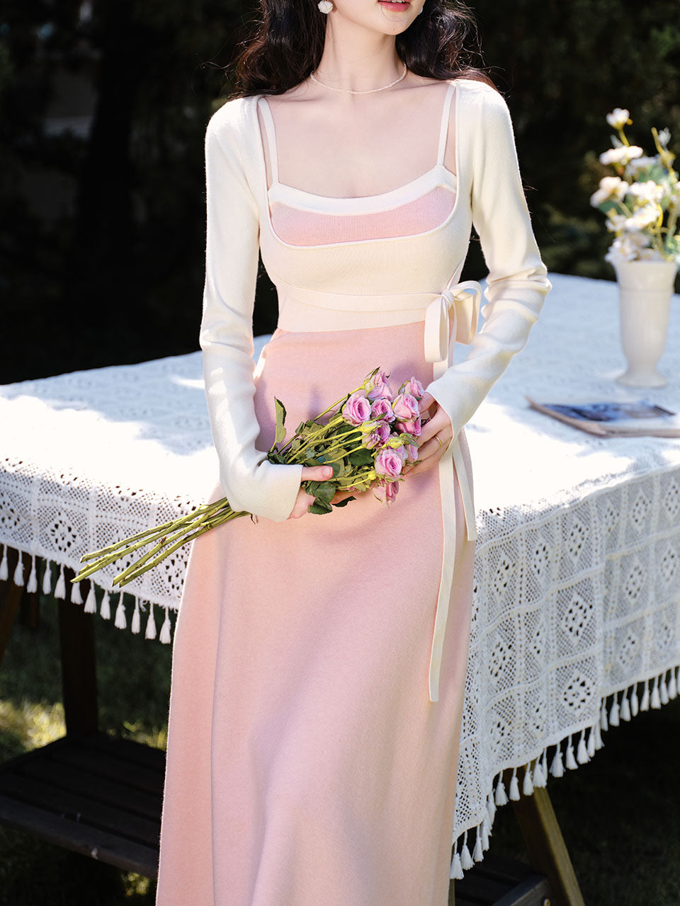 Sweet Pink Long Sleeve Knitted Sweater Dress