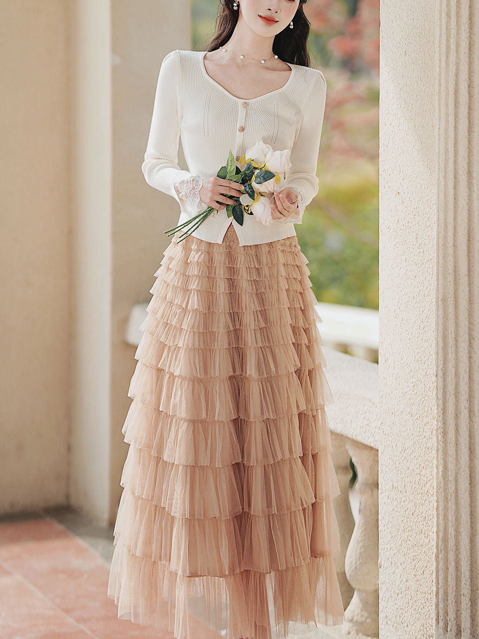 2PS White V Neck Knitted Sweater and Swing Mesh Fairy Skirt Dress Set