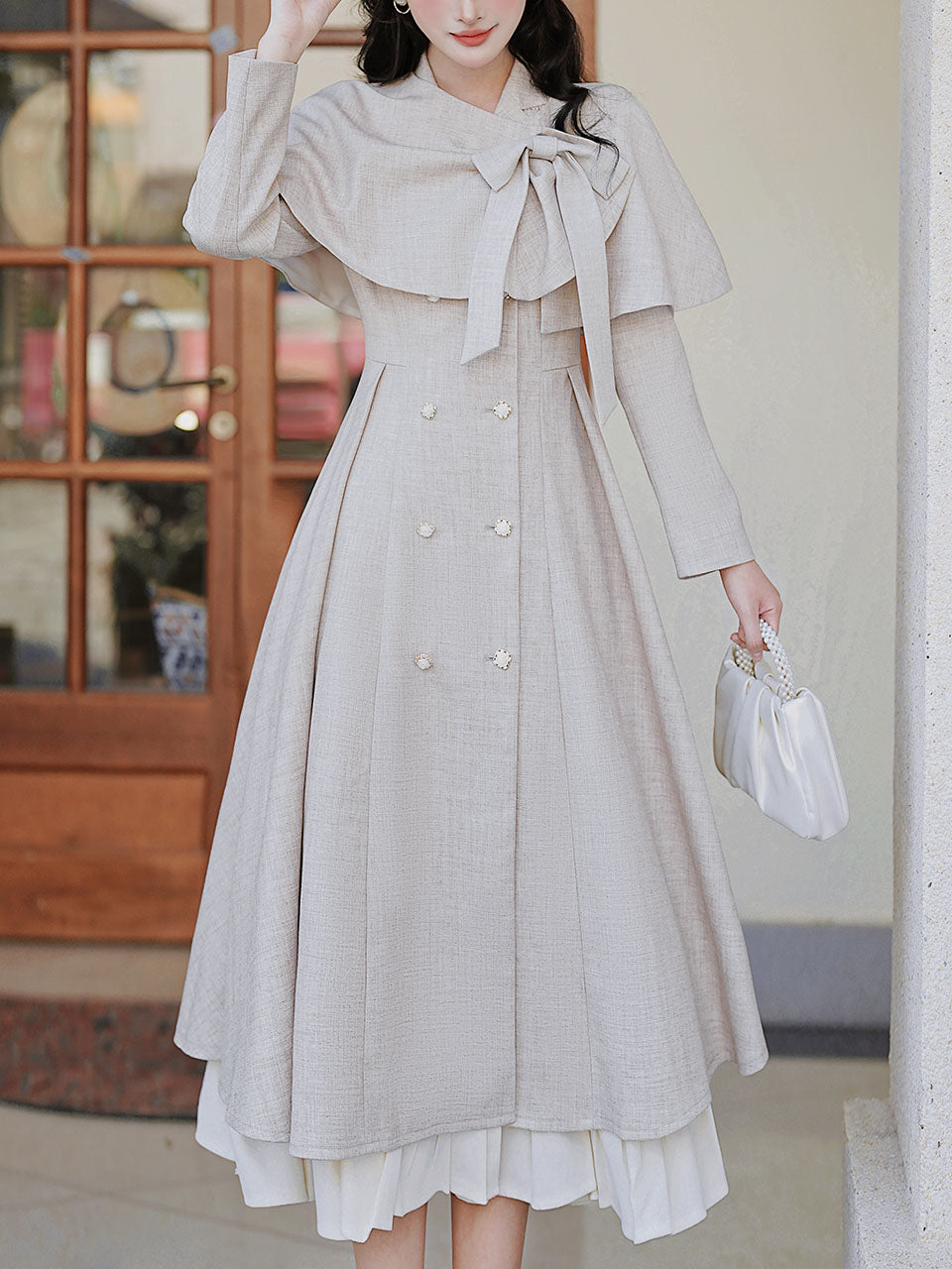 1950S Grey Bow Vintage Cape Long Dress Coat