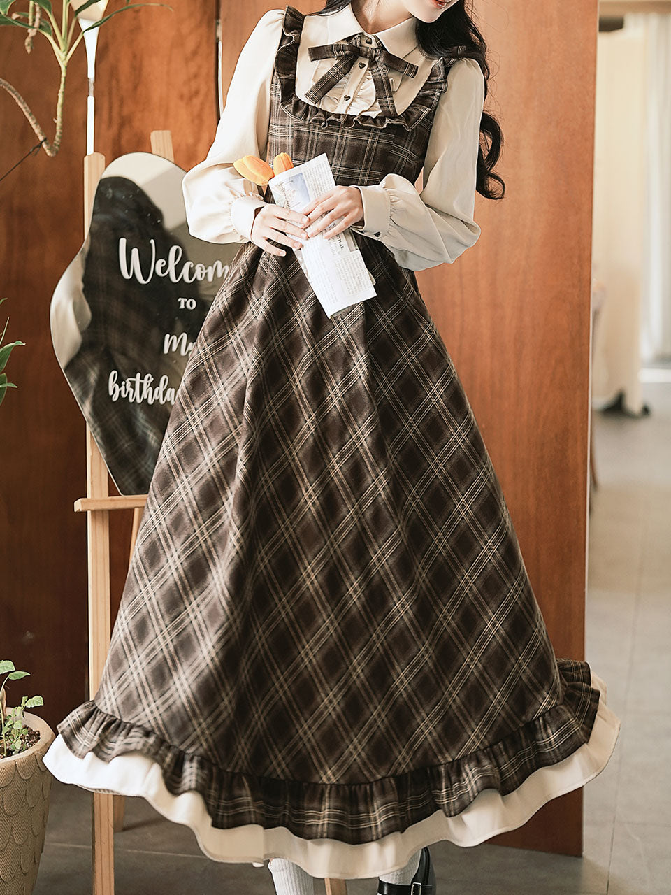Brown Plaid Fake Two-Piece Long Sleeve Vintage Dress