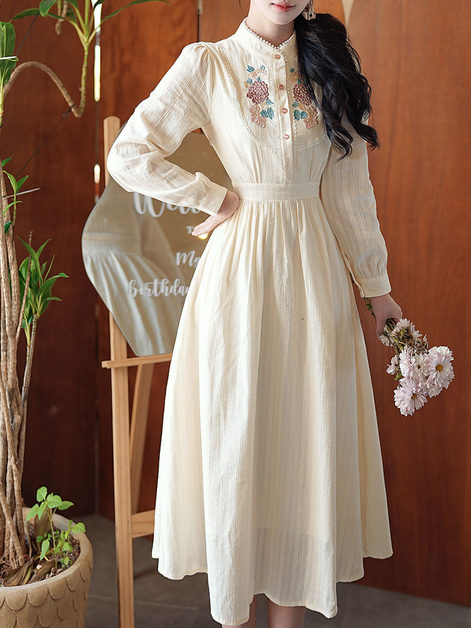 White Stand Collar Long Sleeved Embroidered Cotton Dress