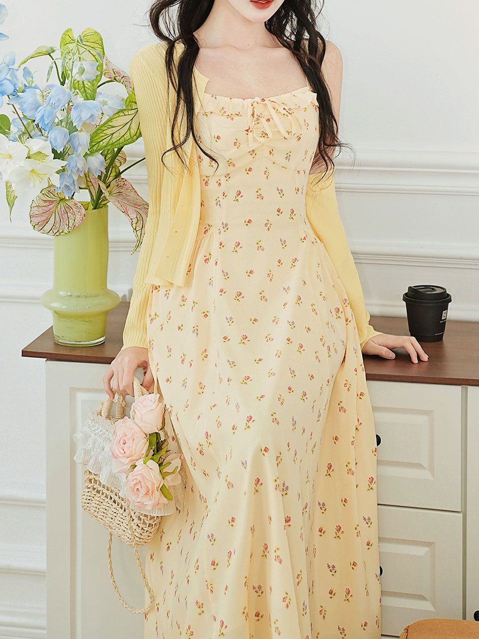 2PS Yellow Floral Spaghetti Strap 1950S Vintage Dress