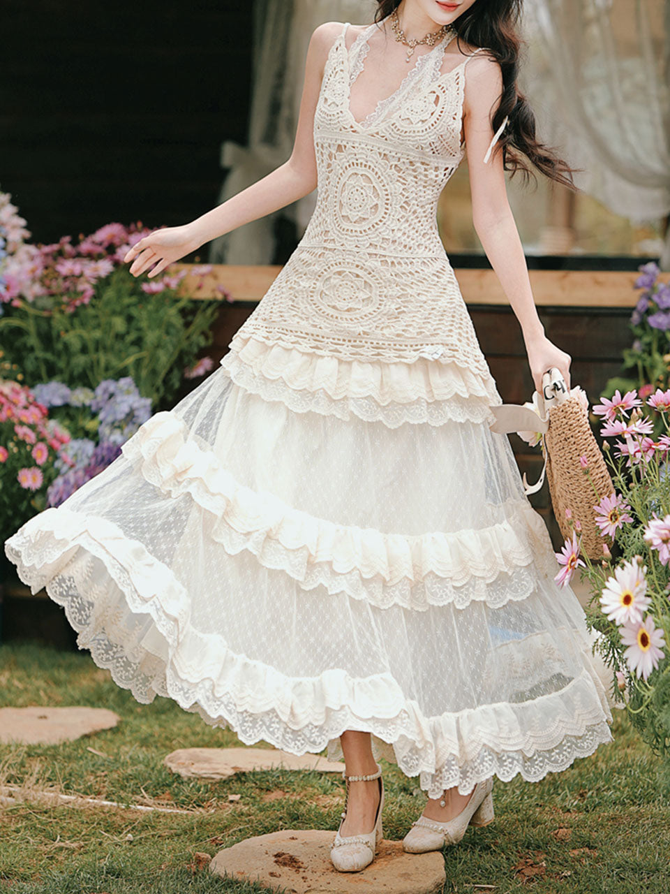 1950S Vintage White Hollow Crochet Cover Up and High Waist Lace Skirt Set
