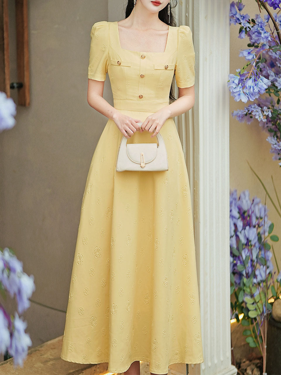 Yellow Square Neck Short Sleeve 1950S Vintage Dress