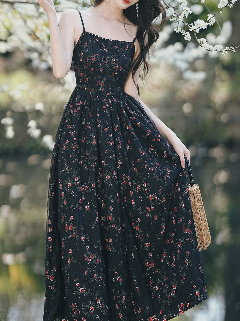 2PS Vintage Black Floral Chiffon Maxi Dress
