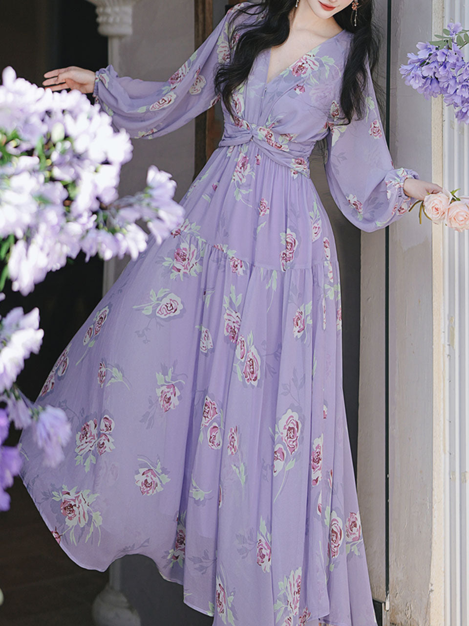 Purple Floral Print V Neck Long Sleeve Vintage Dress