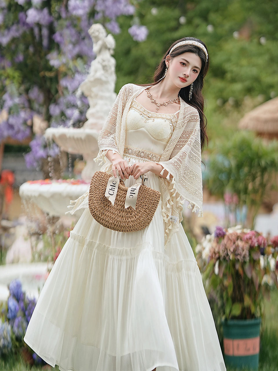 White Bohemian Embroidered Retro Maxi Dress 1970S Vintage Set