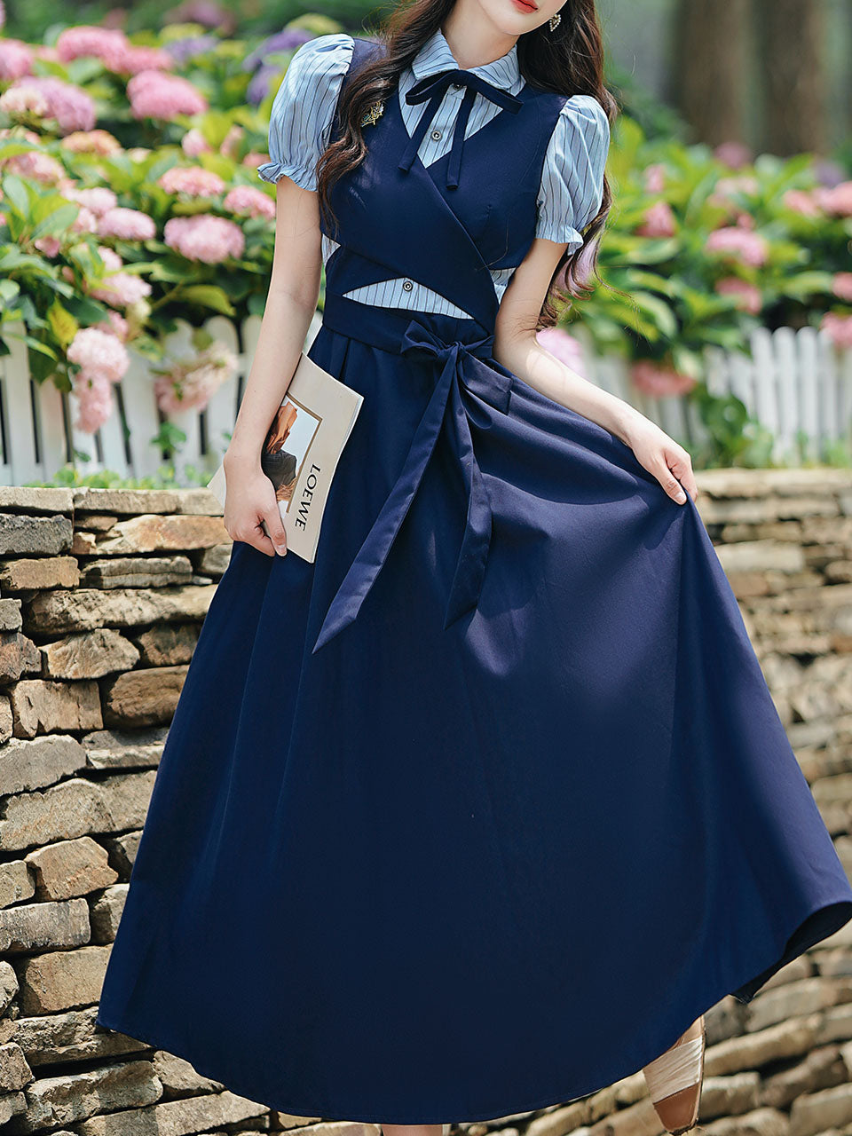 Vintage Navy Two-Piece Fake Layered Shirt Dress