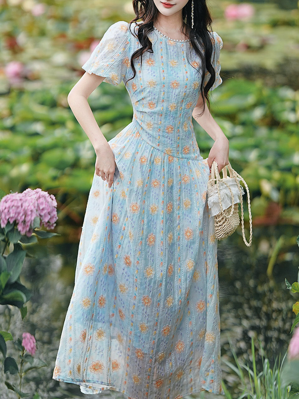 Blue Pearl-encrusted Collar Embroidered Lace 1950s Dress