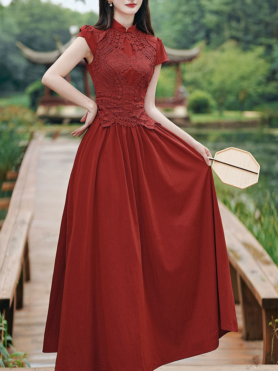 Red Cheongsam Cap Sleeve Lace Vintage Dress