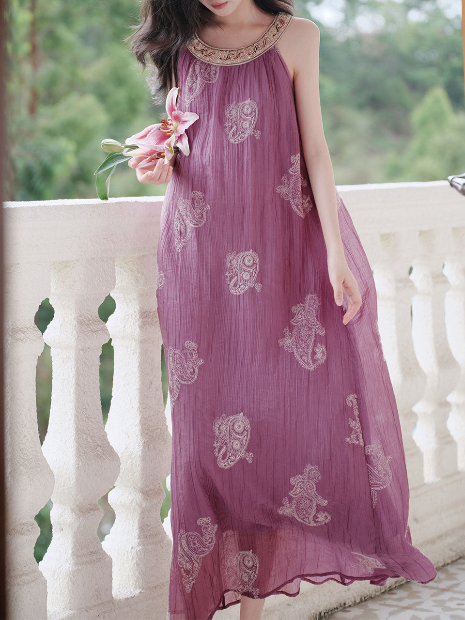 Purple Round Neck Embroidered Luxury Maxi Dress
