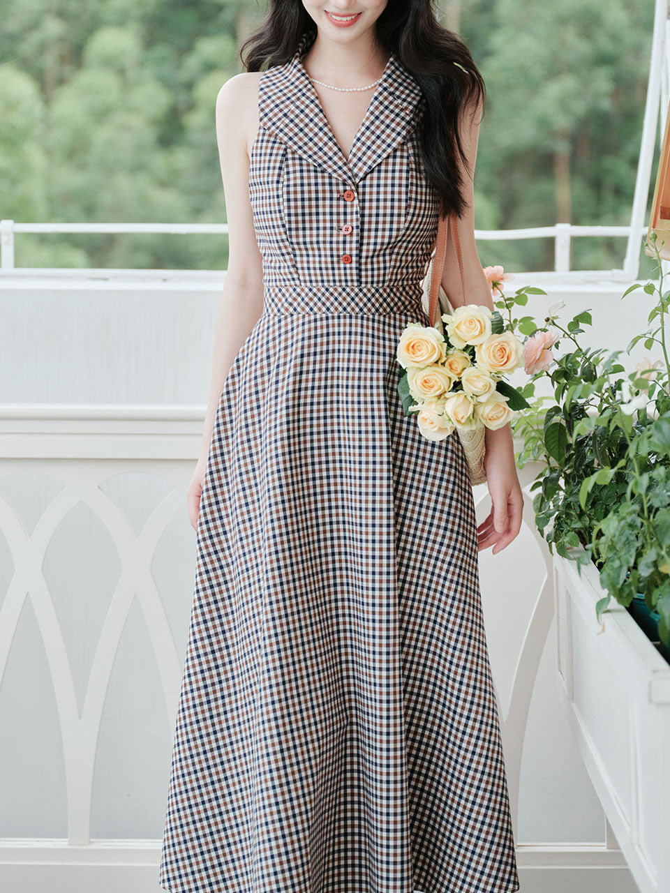Grey V Neck Plaid Vintage Dress