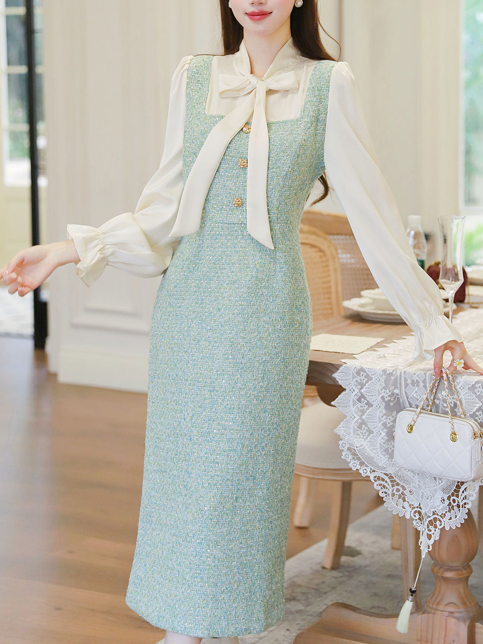 Vintage 1940s Mint Green Tweed Skirt Suit Set Bow Collar & Matching Jacket