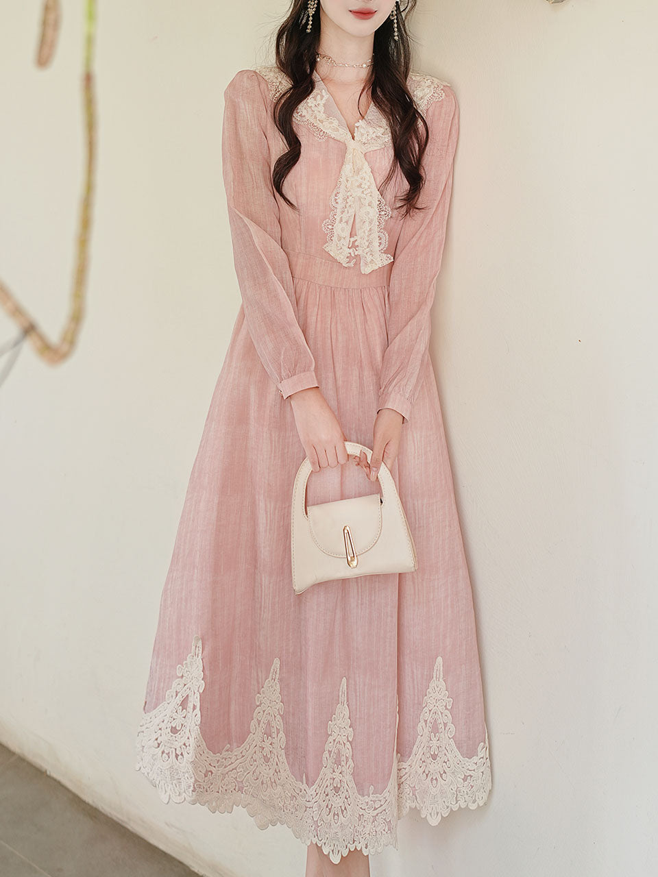 Romantic Vintage Pink Long Sleeve Dress