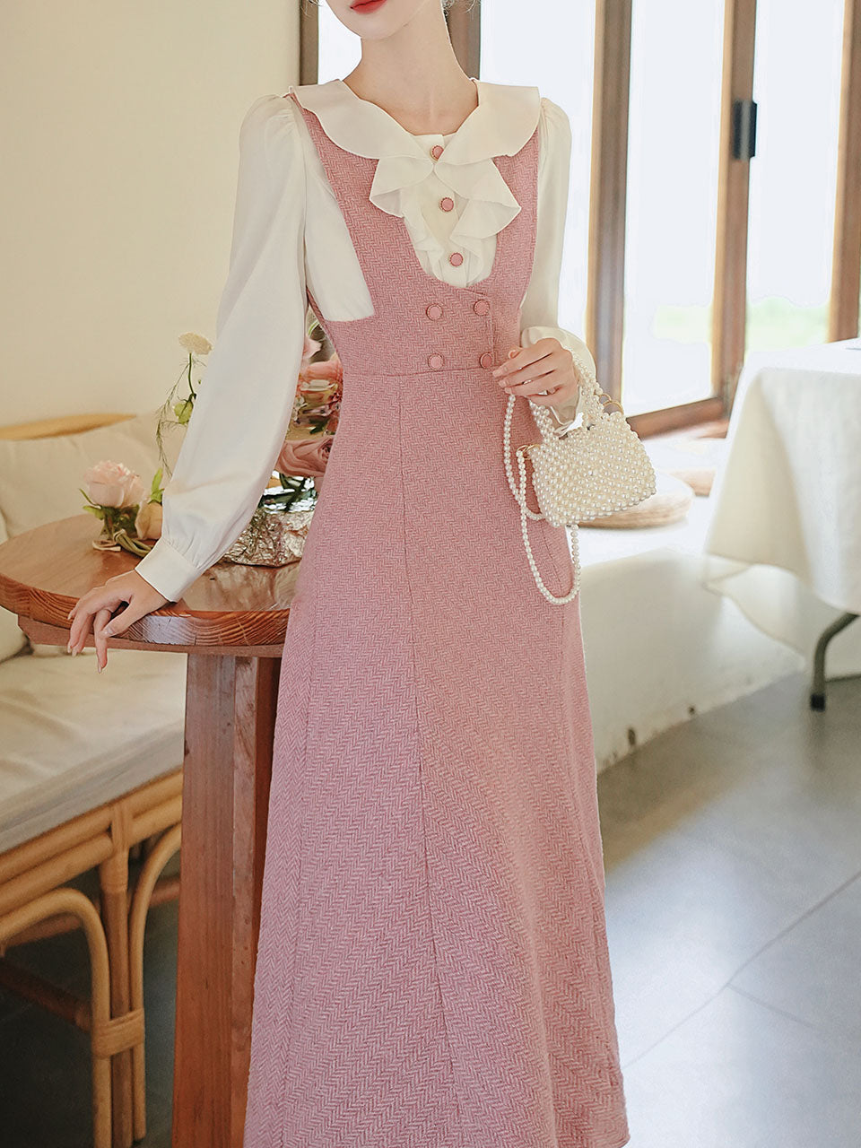 Pink Tweed Fake Two-Piece Dress