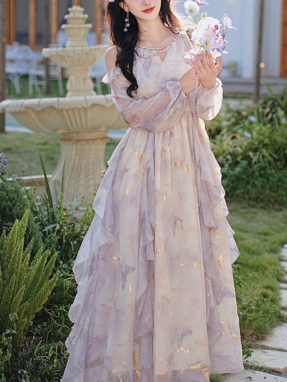 Vintage 1970s Floral Print Lavender Chiffon Ruffled Off-Shoulder Long Sleeve Maxi Dress