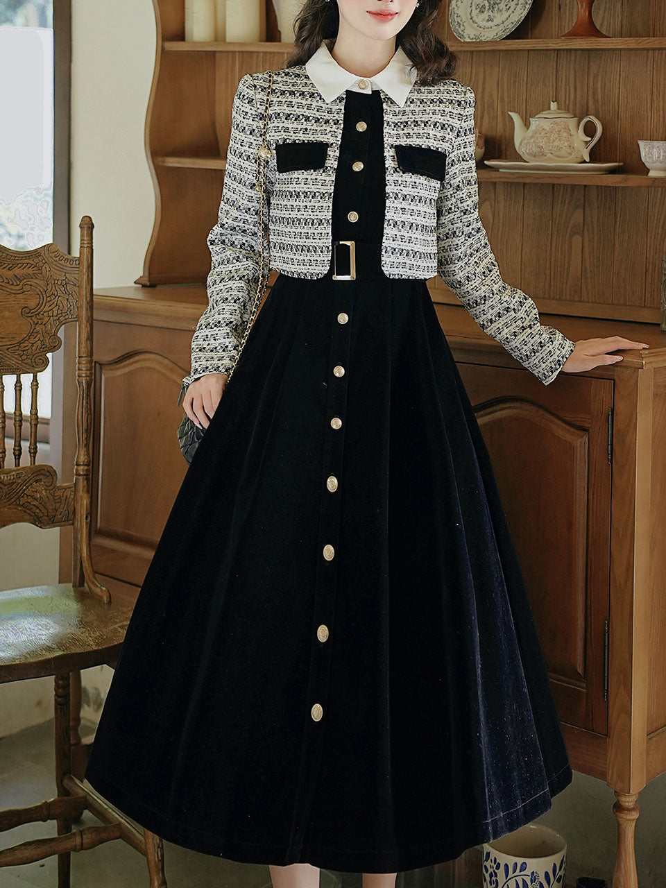 Black Tweed Fake Two-Piece Long Sleeve Vintage Dress