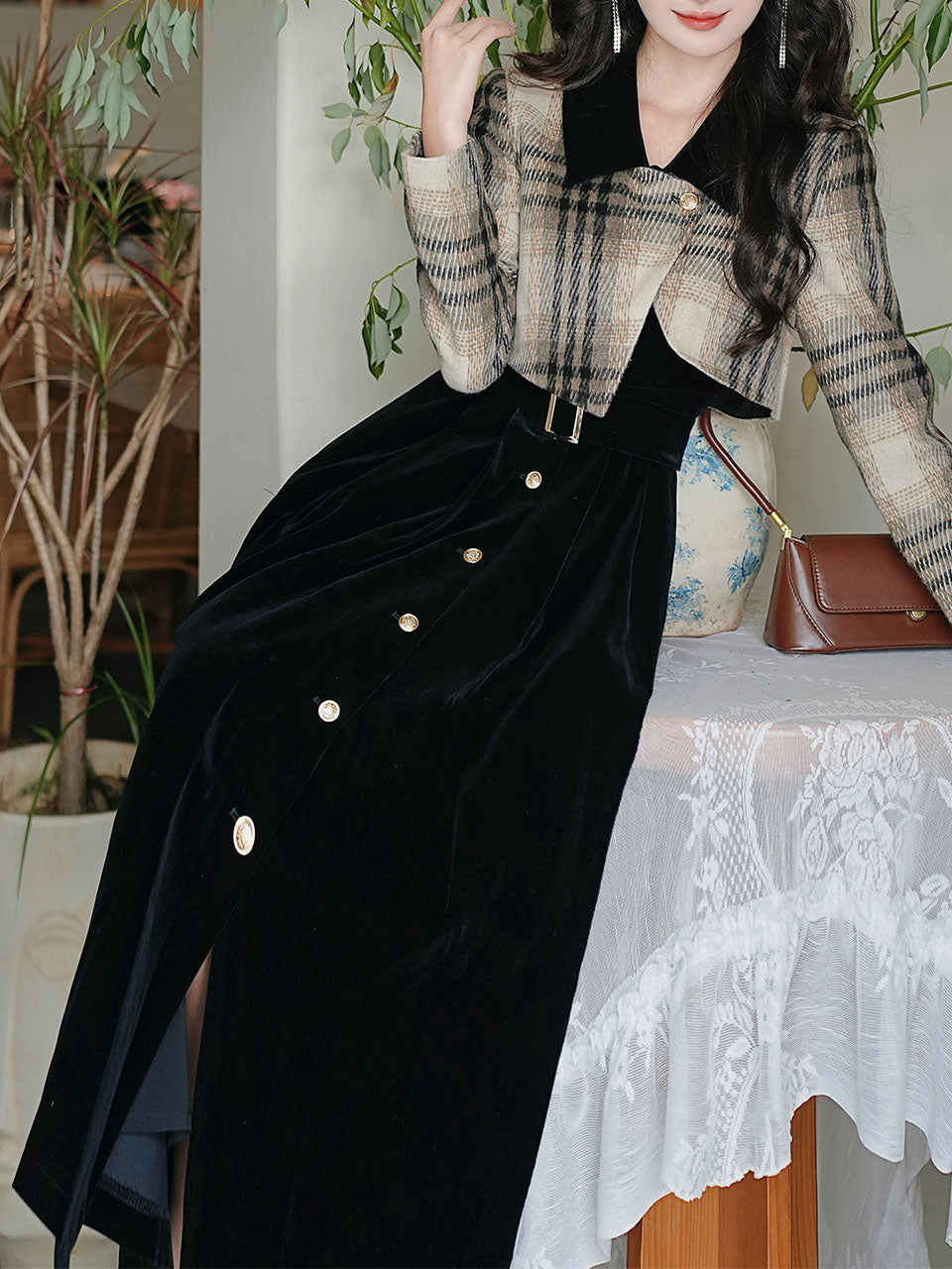 Black Plaid Tweed Fake Two-Piece Long Sleeve Vintage Dress