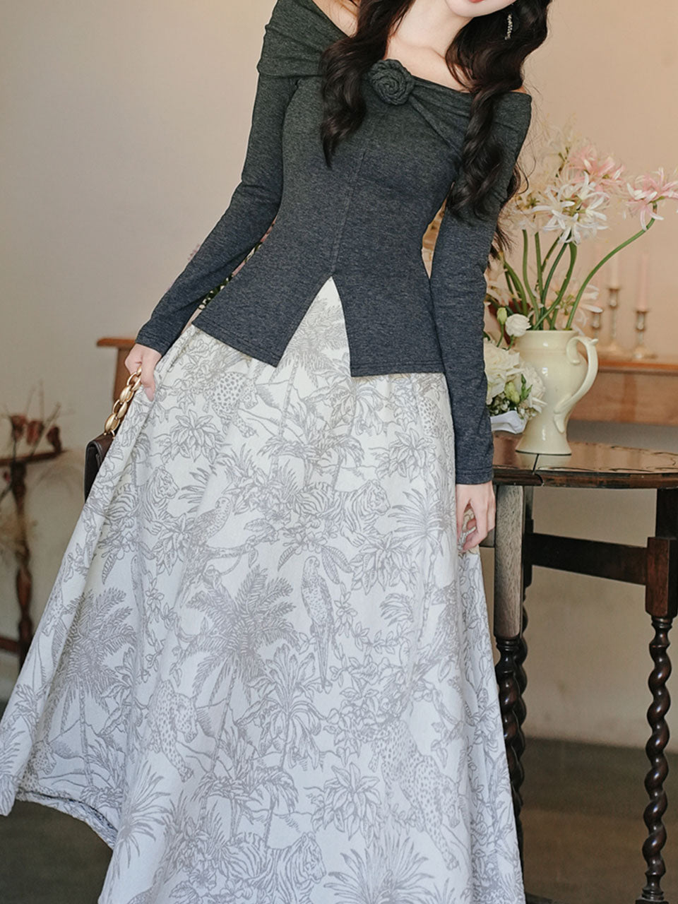 Gray Off Shoulder Slit Knit Top and Floral Jacquard Maxi Skirt Set