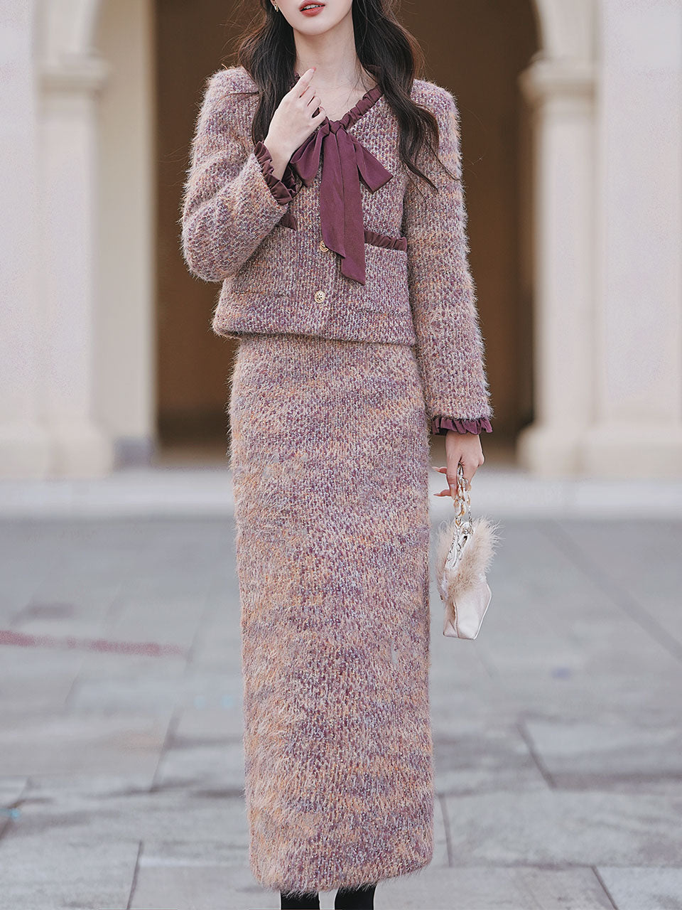 2PS Purple Bow Tweed Warm Coat