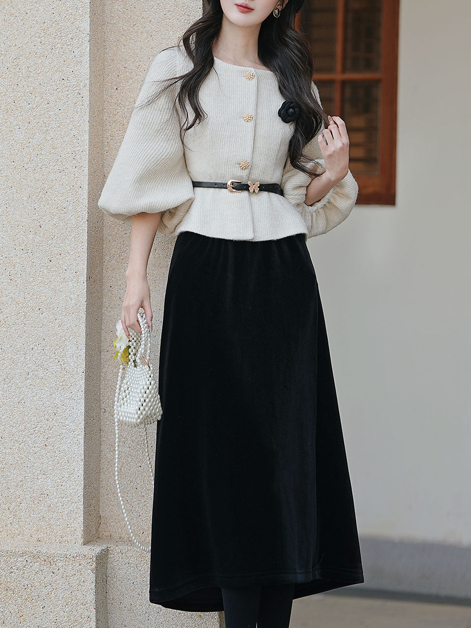 2PS White Crew Neck Tweed Warm Coat