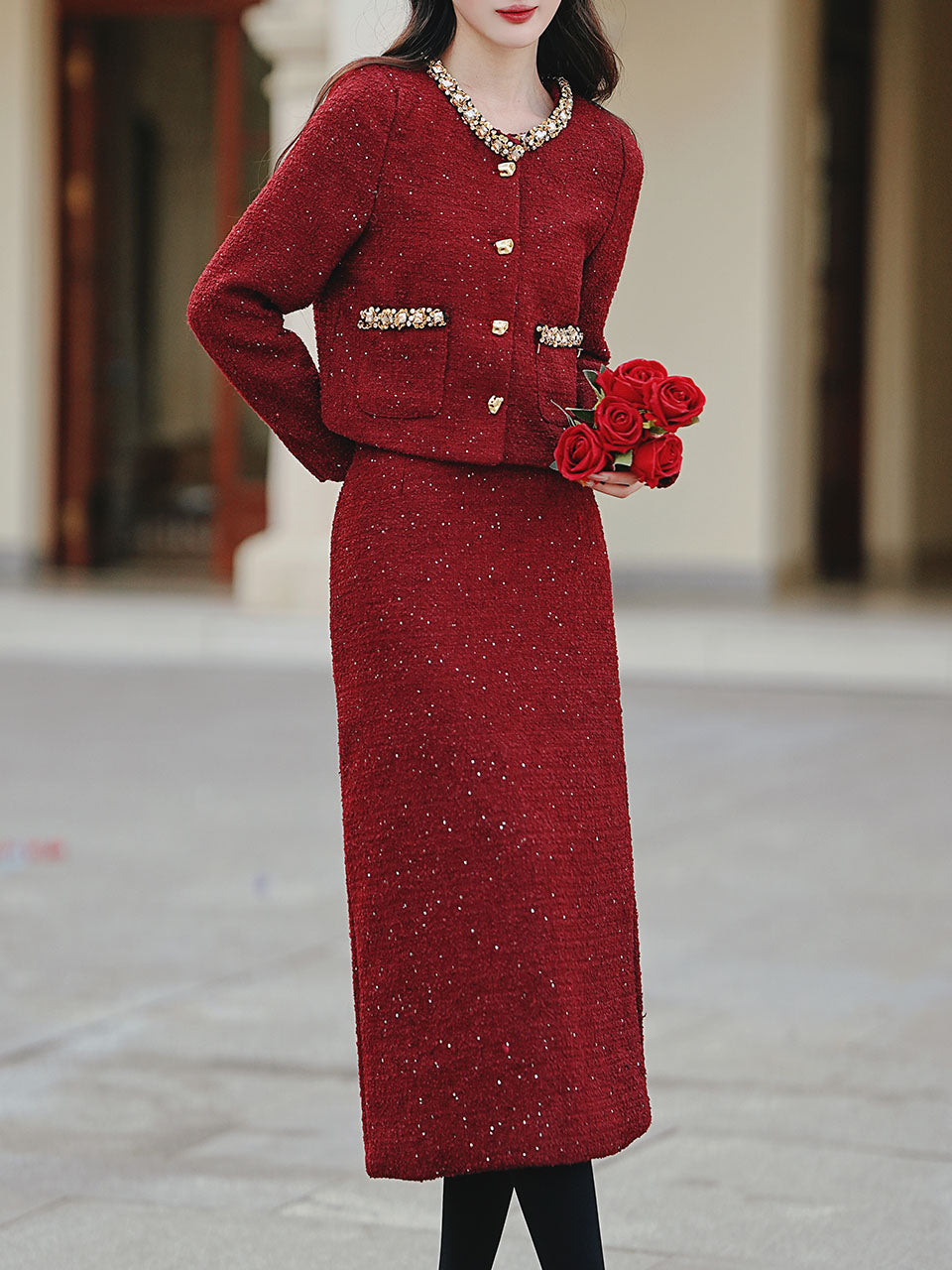 2PS Red Luxurious Sequined Warm Tweed Coat