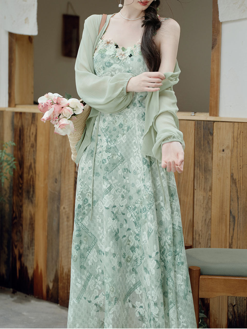 2PS Green Floral Print Lace Dress