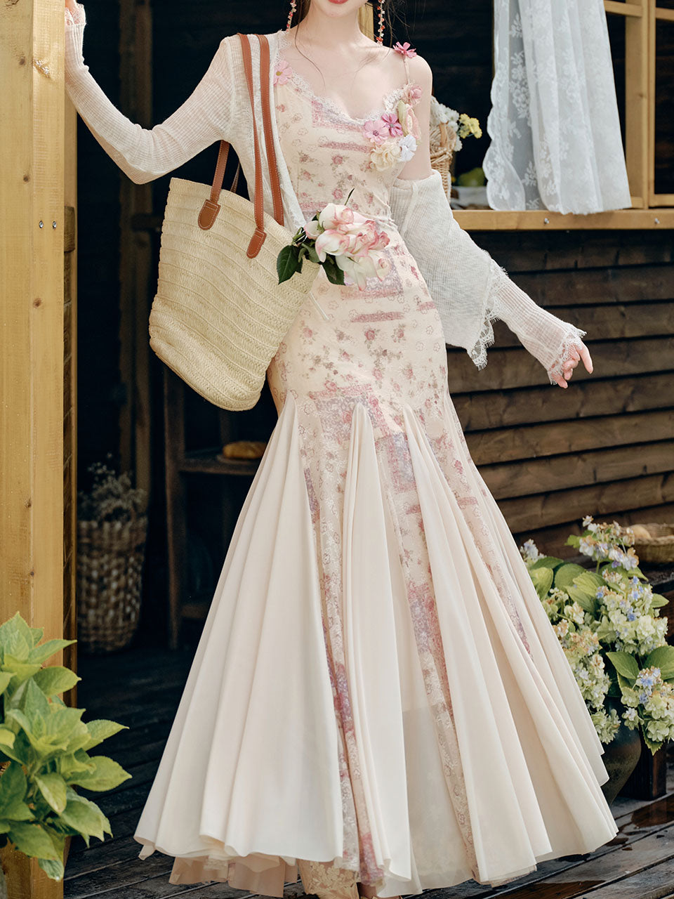 Pink Floral Print Spaghetti Strap Fishtail Flared Vintage Maxi Dress