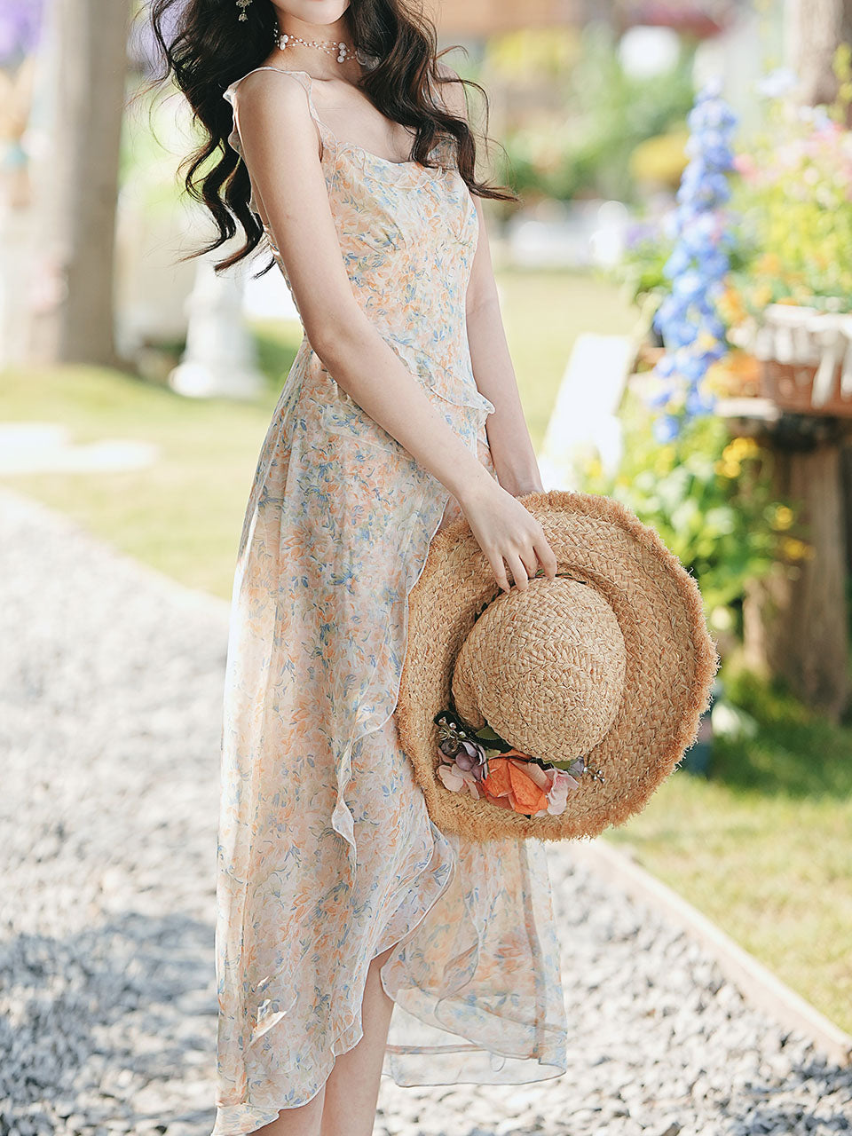 2PS Apricot Floral Printed Spaghetti Strap High-low Ruffled Hem Vintage Dress
