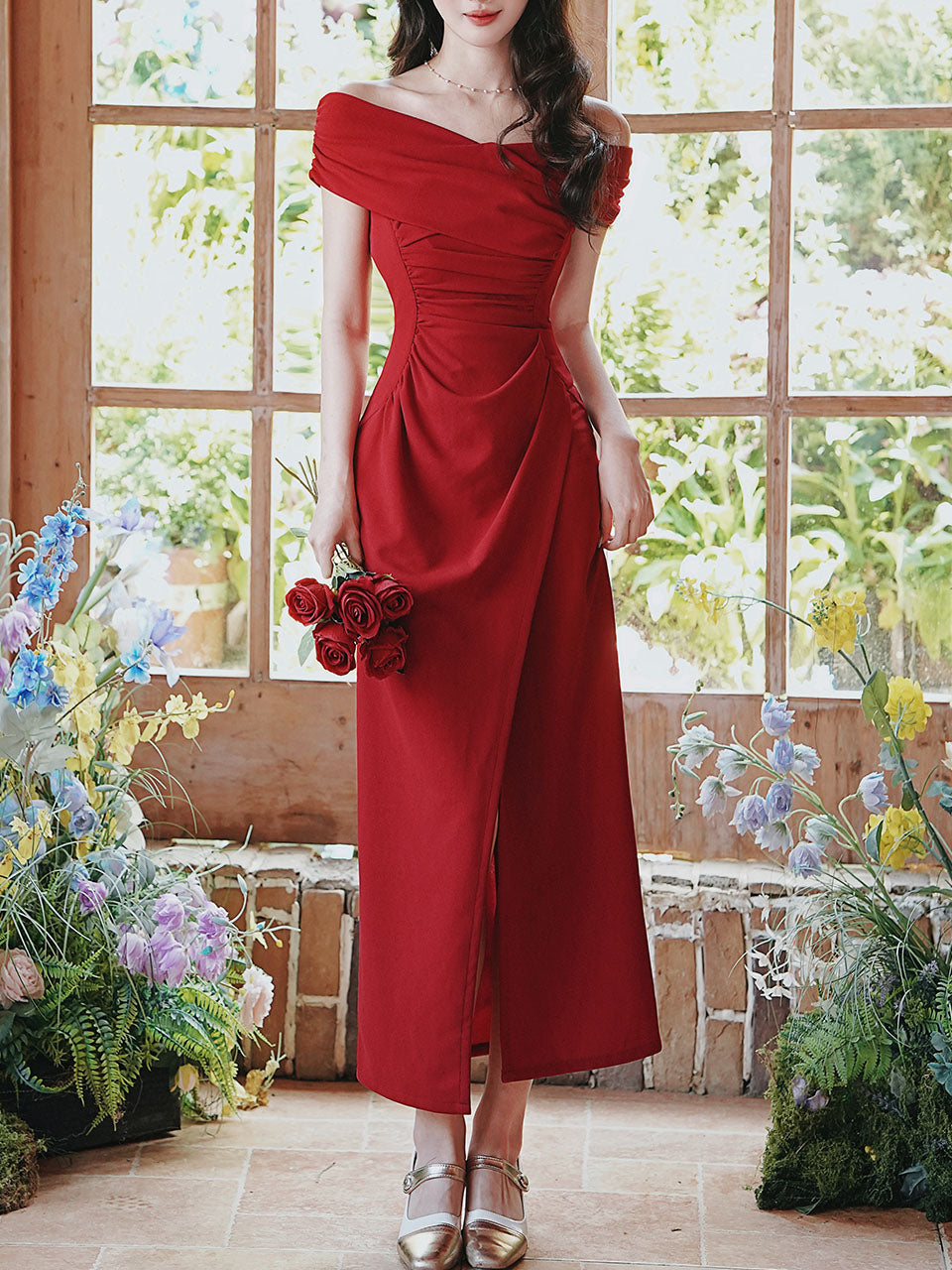 Red Off Shoulder Side Split Bodycon Dress