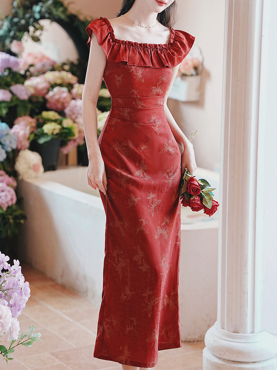 Red Butterfly Print Off Shoulder Bodycon Dress