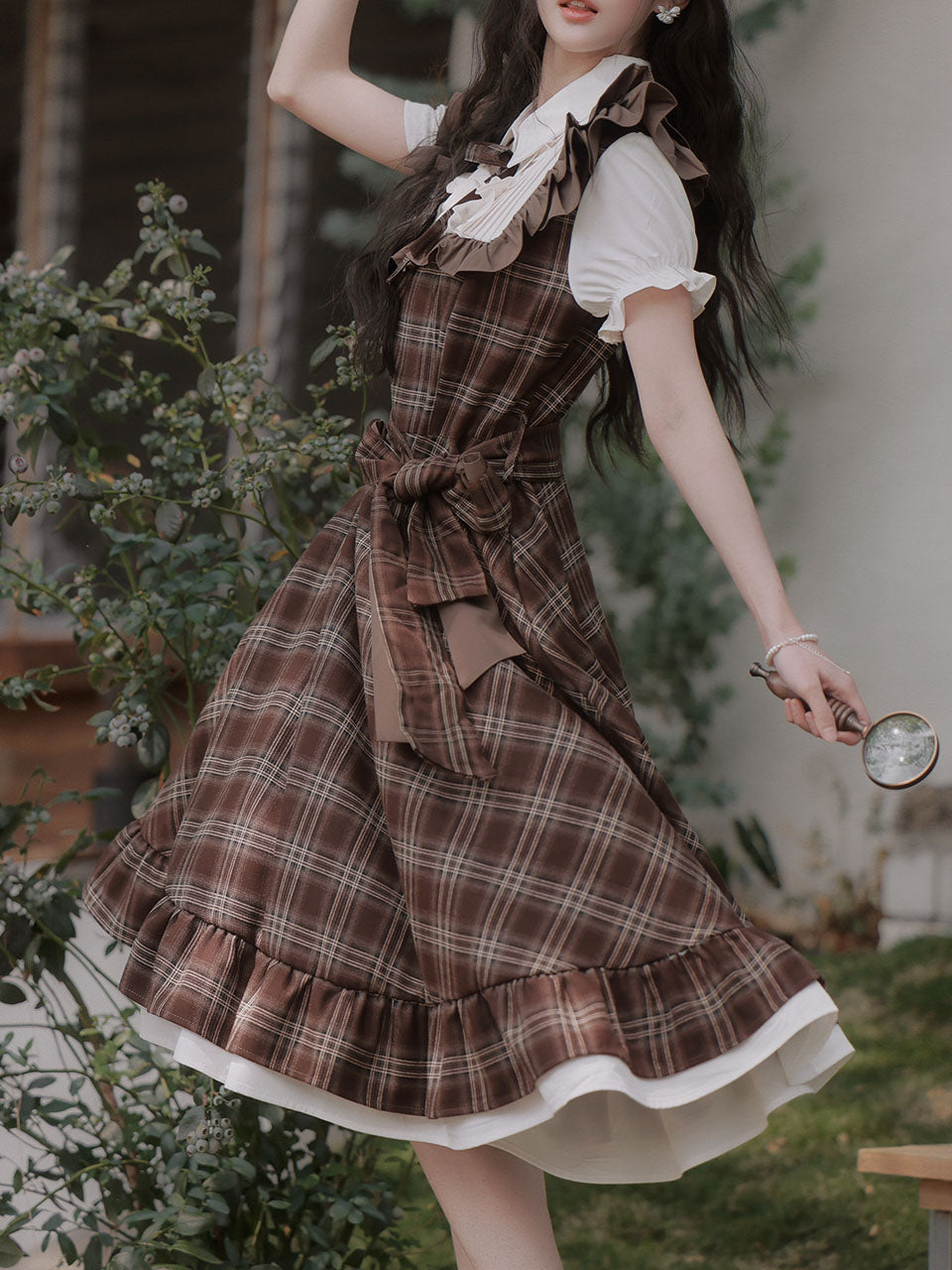 Brown Plaid Fake Two-Piece Short Sleeve Vintage Dress
