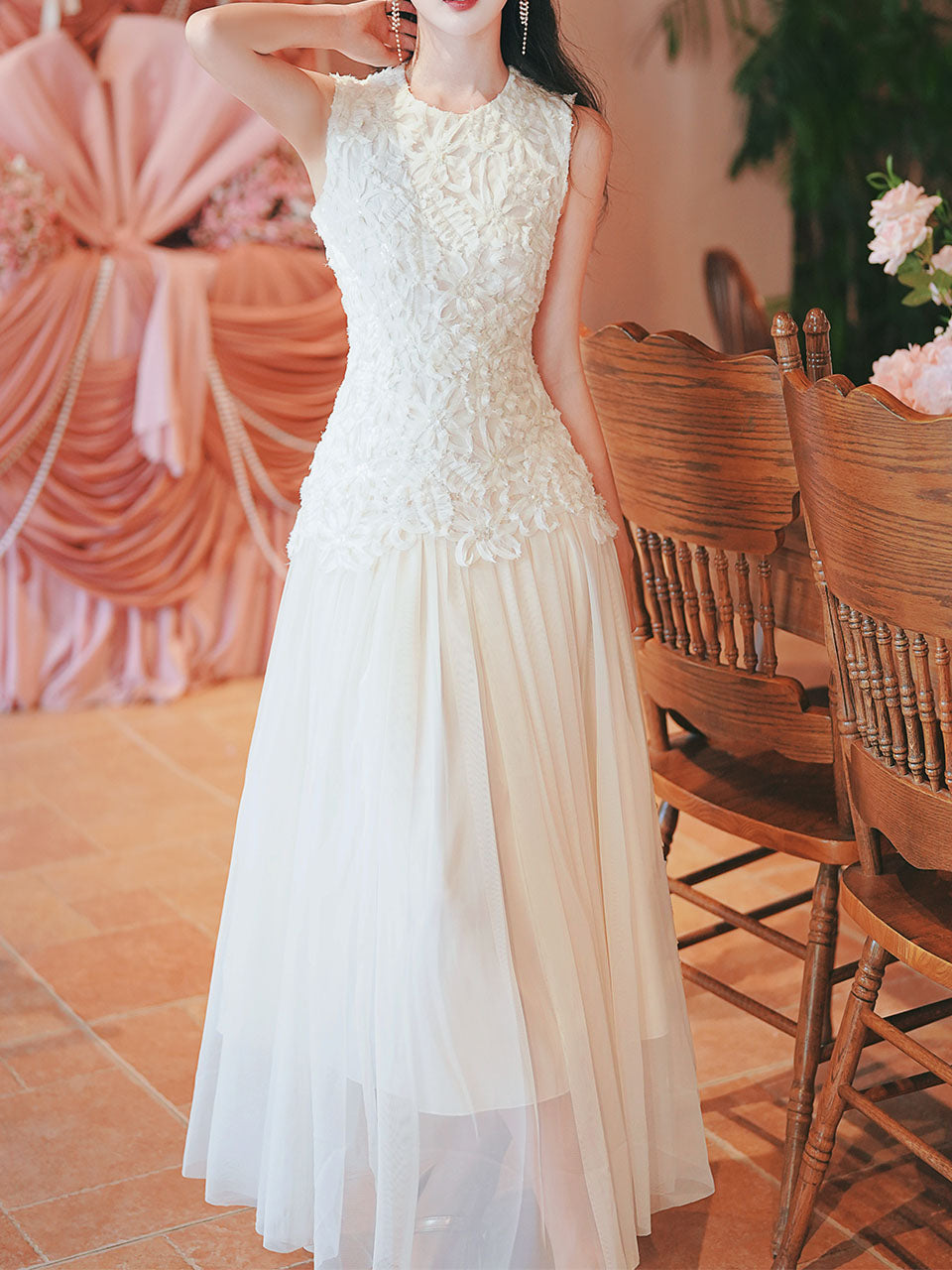 White Lace Patchwork Mesh Vintage Dress