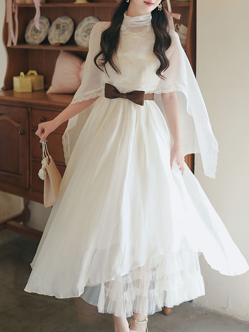 1950s Vintage White Lace Organza Maxi Dress for Women