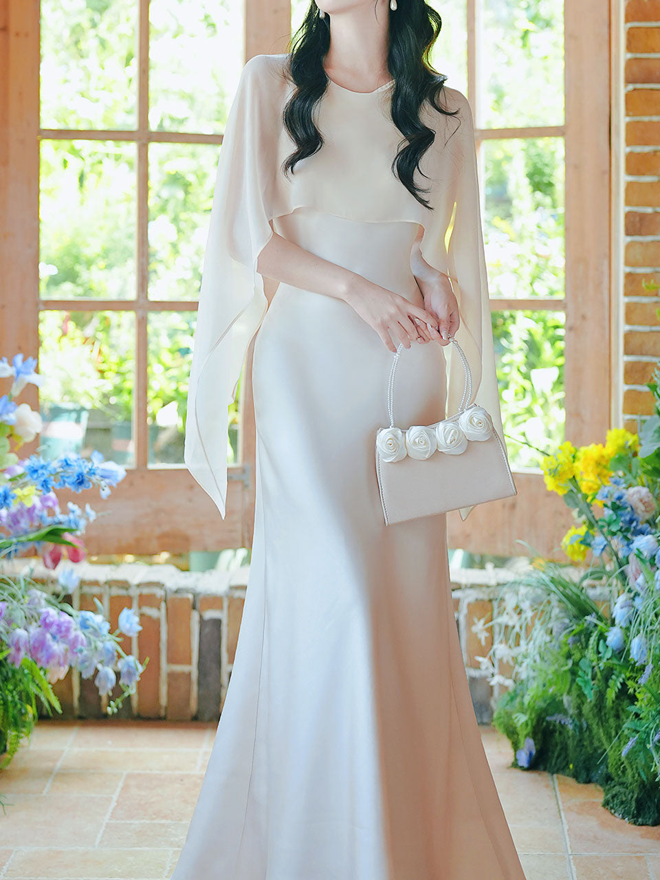 Flowing Chiffon Cape Satin Maxi Dress for Wedding