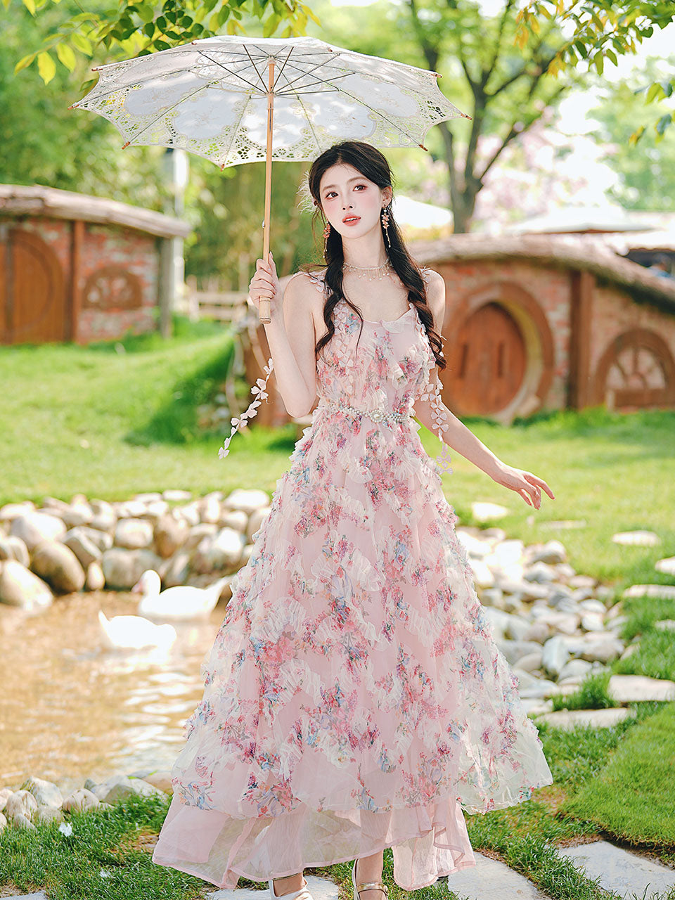 2PS Pink Ruffles Floral Printed Spaghetti Strap Vintage Dress