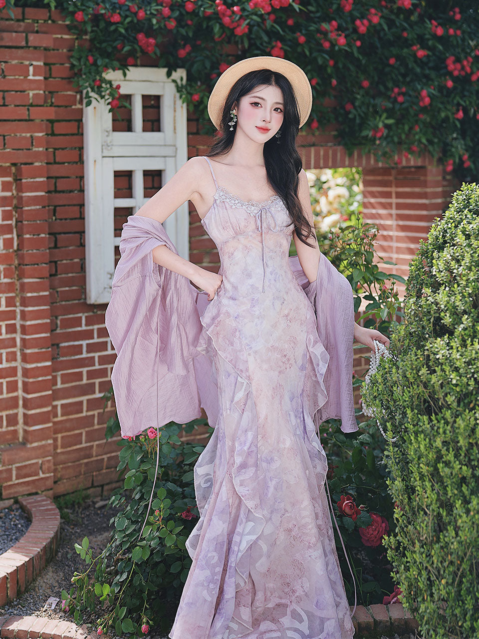 2PS Purple Ruffles Floral Printed Spaghetti Strap Vintage Dress