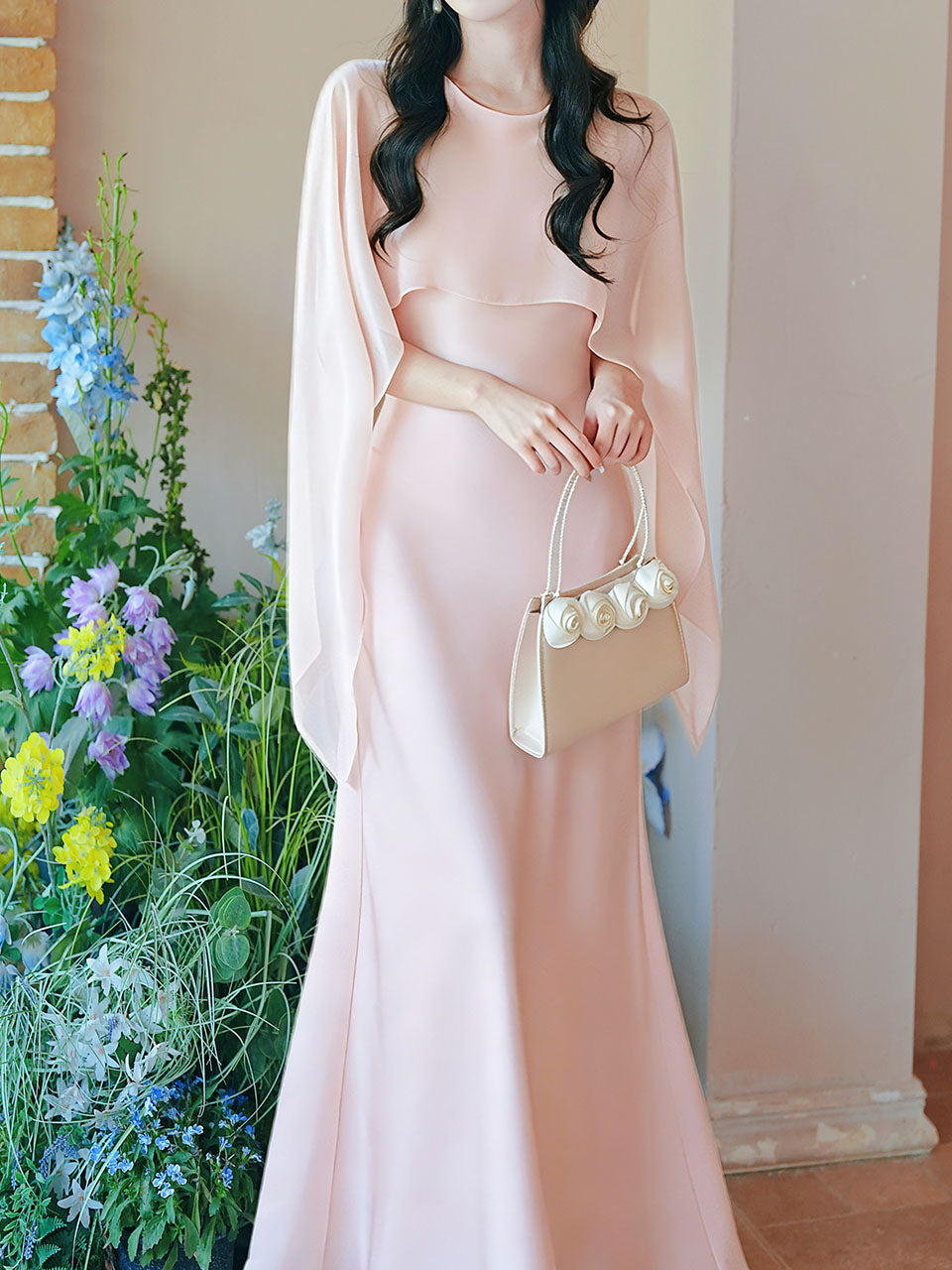 Flowing Chiffon Cape Satin Maxi Dress for Wedding