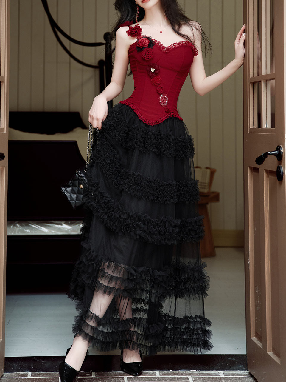 Gothic Red Corset Tiered Tulle Maxi Dress  Rose Asymmetric Ruffle Dark Romantic Party Gown
