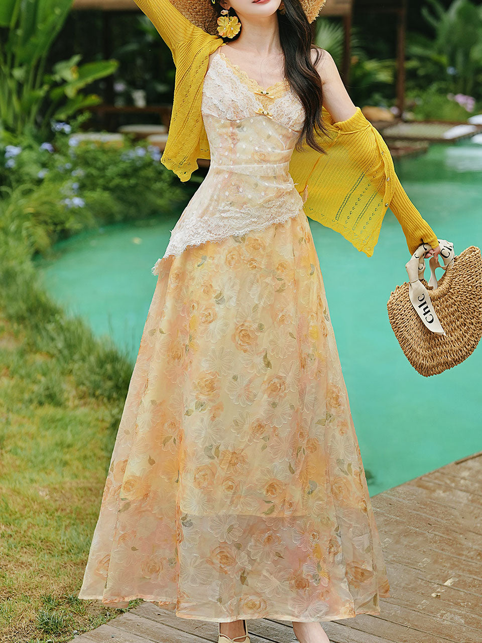 Romantic Yellow Floral Lace Tulle Maxi Dress and Knit Cardigan Set