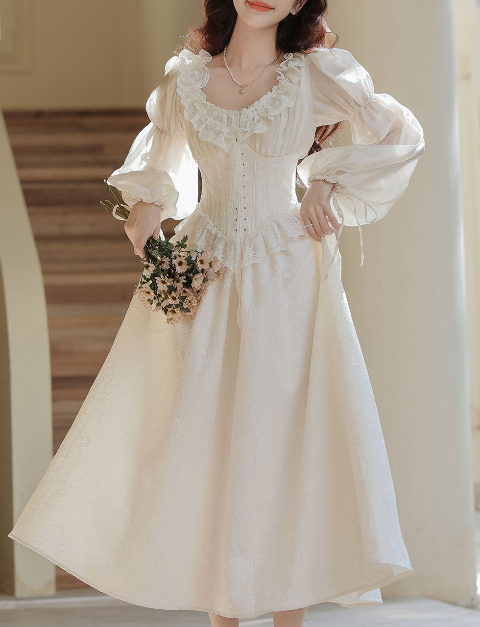 Sweet Victorian Ruffles Corset Long Sleeve Wedding Maxi Dress