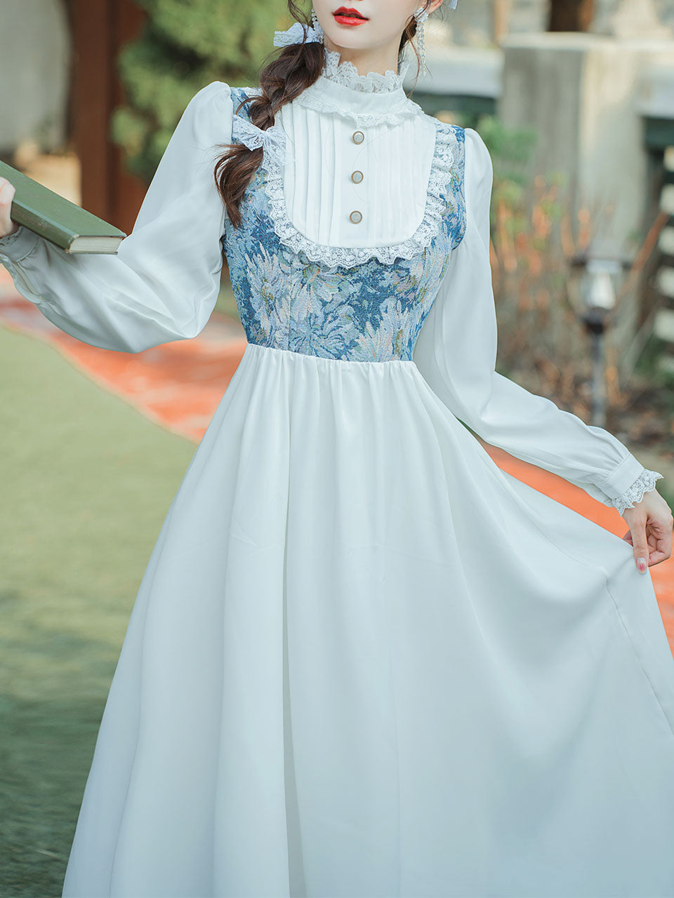 Blue Flower Lace Ruffles Edwardian Revival Dress