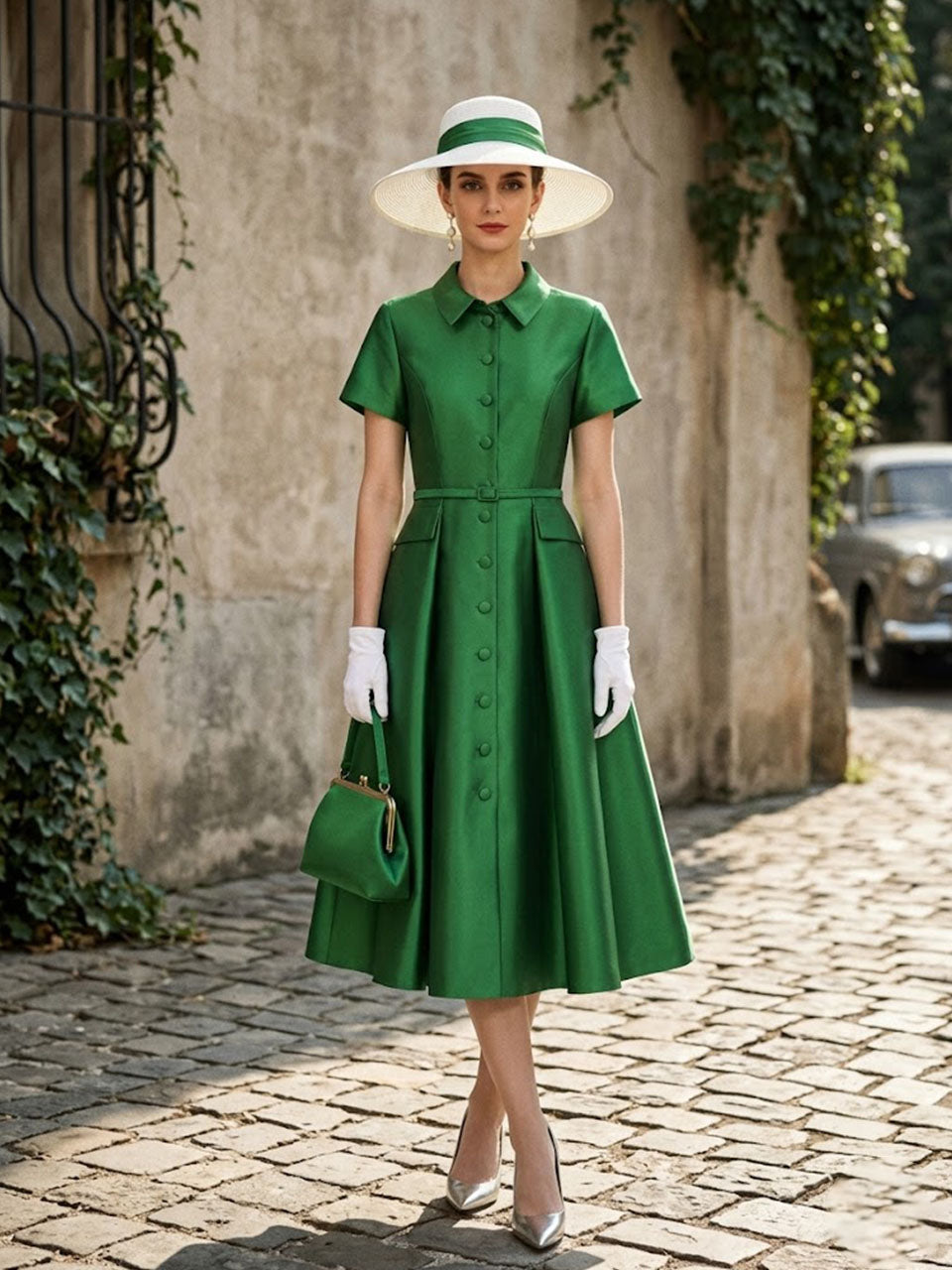 1940S Classic Shirt Collar Vintage Short Sleeve Stain Dress