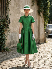 1940S Classic Shirt Collar Vintage Short Sleeve Stain Dress