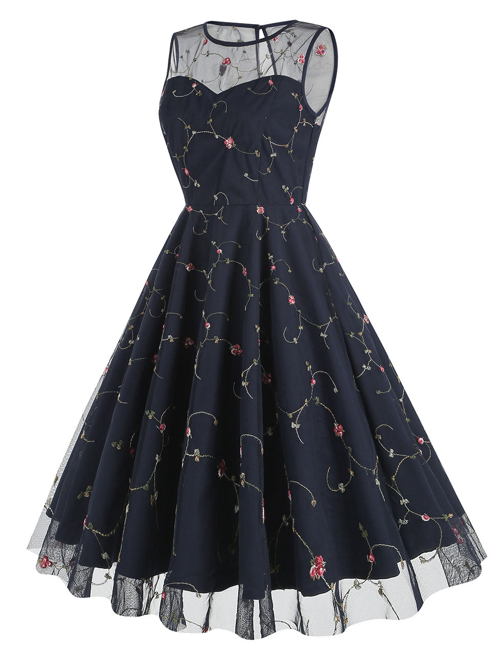 Lake Blue Semi Mesh Flower Embroidered Sleeveless 50S Swing Dress