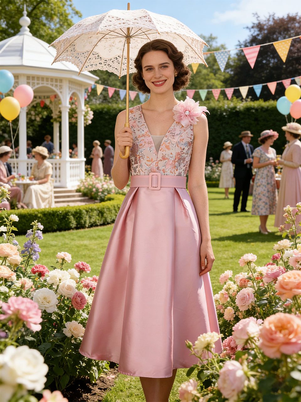 Mrs. Maisel Style Pink V-Neck Satin 1950s Vintage Gown